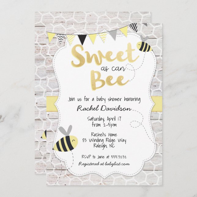 Sweet as can Bee Baby Shower Invitation (Front/Back)