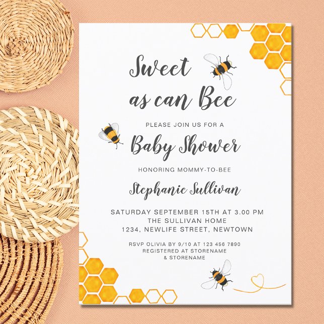 Sweet As Can Bee Baby Shower Invitation Postcard (Creator Uploaded)