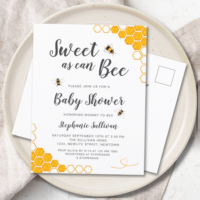 Sweet As Can Bee Baby Shower  Invitation Postcard (Creator Uploaded)