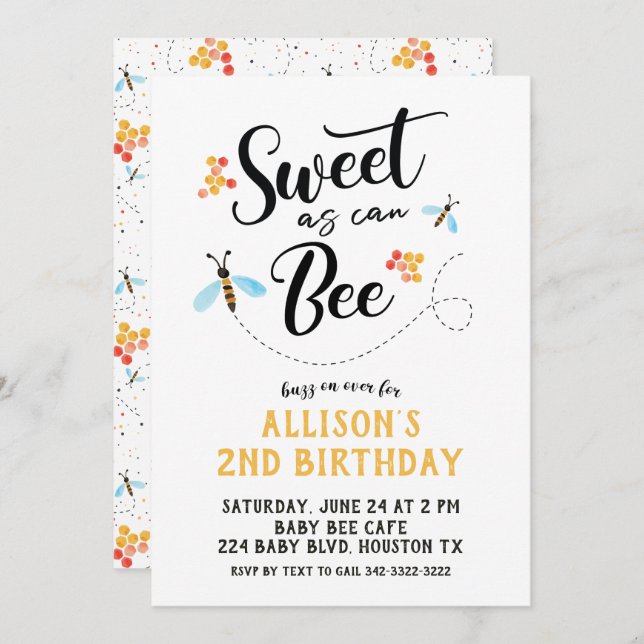 Sweet as can Bee Birthday Invitation (Front/Back)