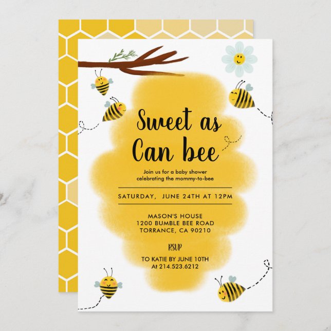 Sweet As Can Bee Bumble Bee Baby Shower Invitation (Front/Back)