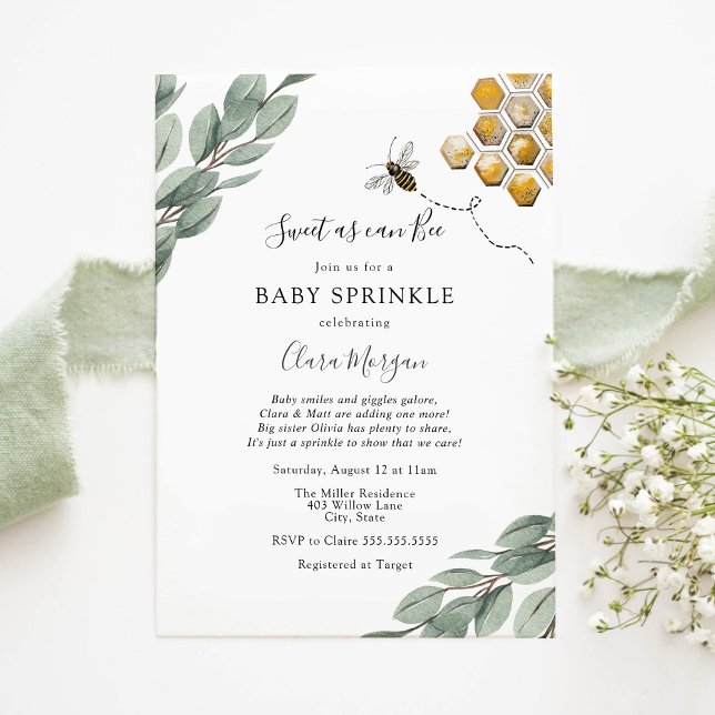 Sweet as can Bee Eucalyptus Baby Sprinkle Invitation (Creator Uploaded)