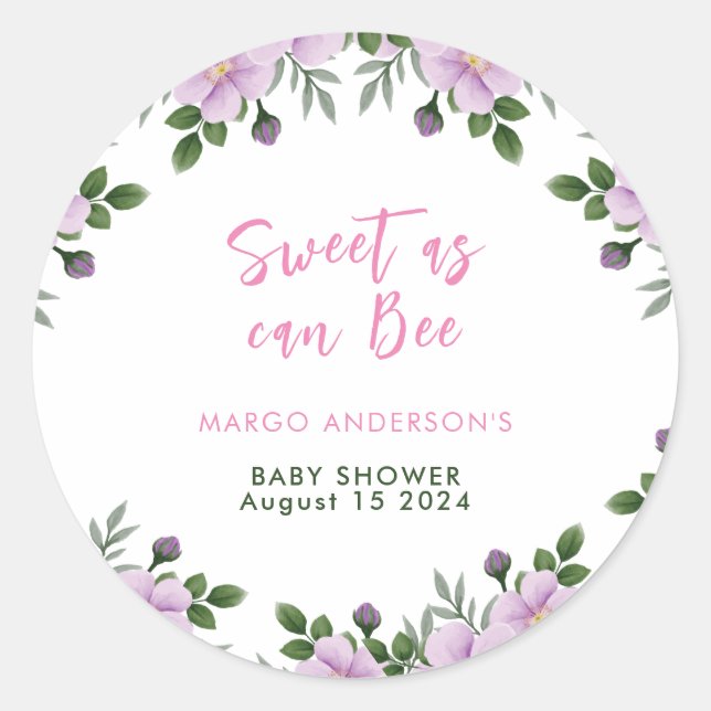 Sweet as can Bee Floral Girl Baby Shower  Classic Round Sticker (Front)