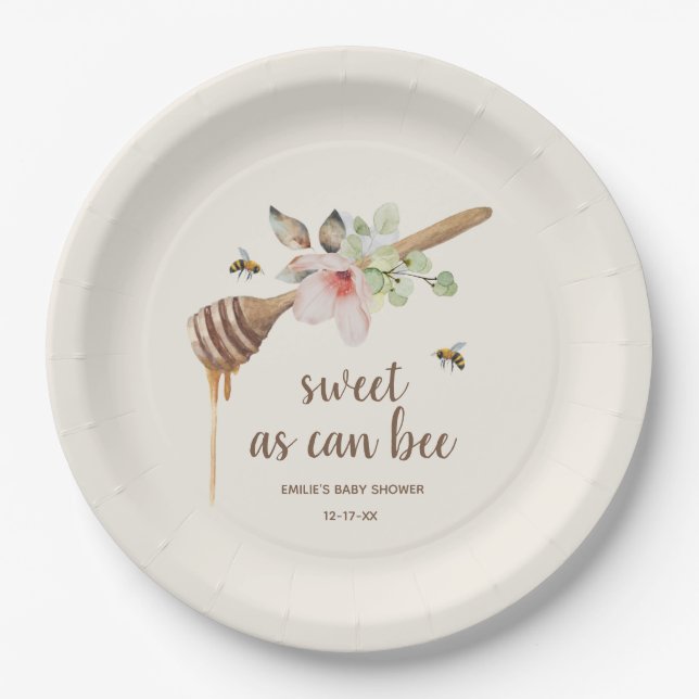 Sweet As Can Bee Floral Honey Wand Baby Shower Paper Plate (Front)
