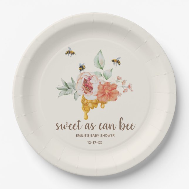 Sweet As Can Bee Floral Honeycomb Baby Shower Favo Paper Plate (Front)
