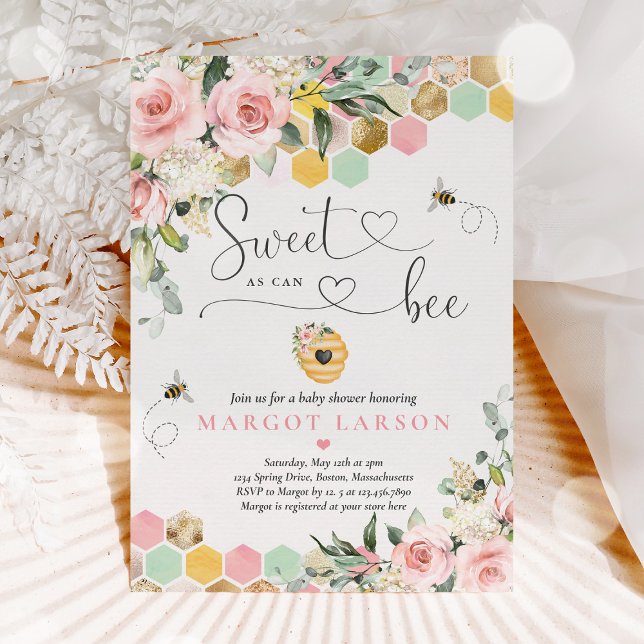 Sweet As Can Bee Greenery Pink & Gold Baby Shower Invitation (Creator Uploaded)