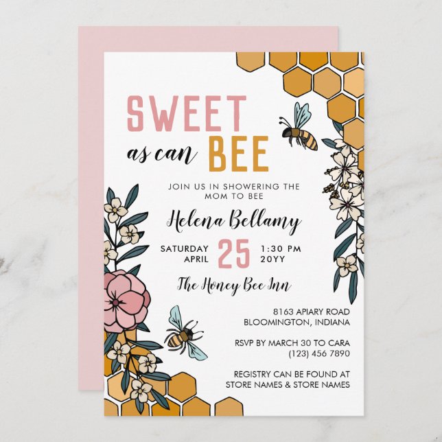 Sweet as can Bee Pink Floral Honey Baby Shower Invitation (Front/Back)