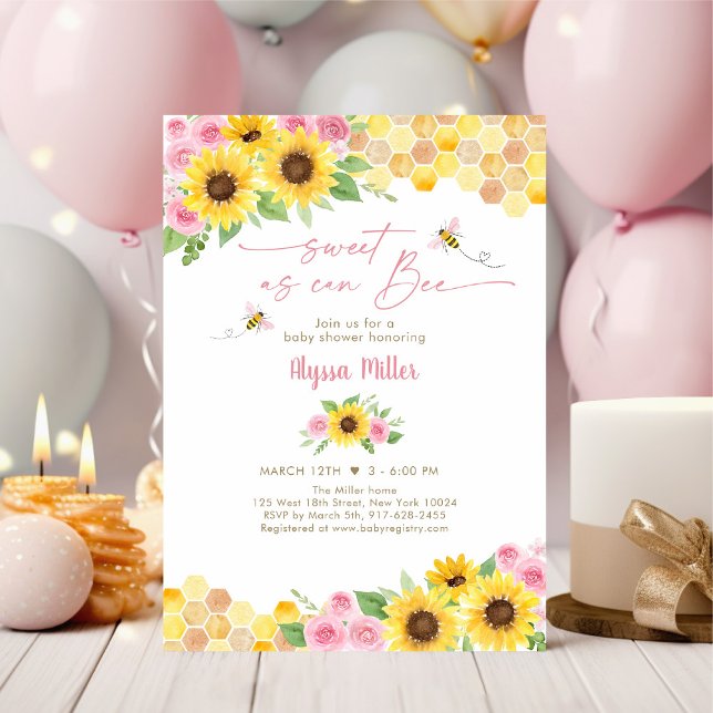 Sweet As Can Bee Pink Floral Sunflower Baby Shower Invitation (Creator Uploaded)