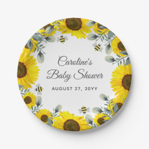 Sweet as can BEE Sunflowers Eucalyptus Baby Shower Paper Plate