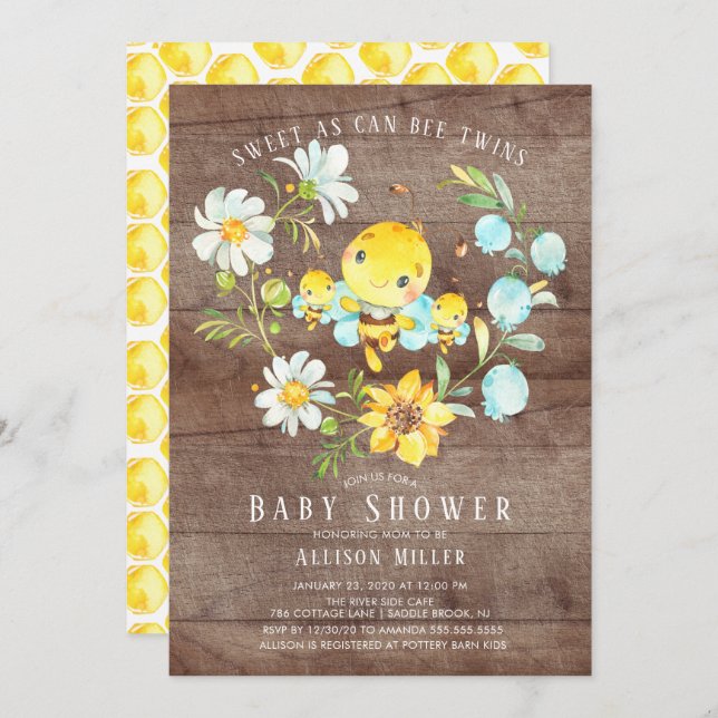 Sweet As Can Bee Twins Baby Shower Invitation (Front/Back)