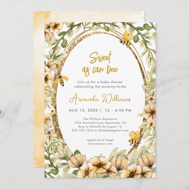 Sweet As Can Bee Watercolor Baby Shower Invitation (Front/Back)