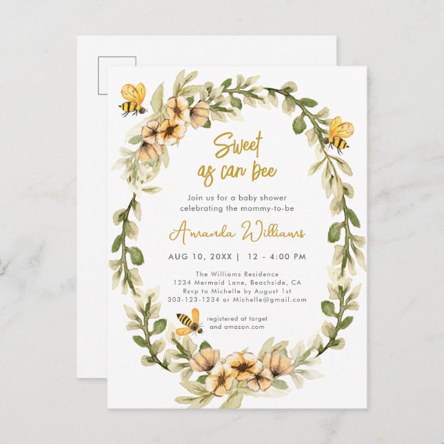 Sweet As Can Bee Watercolor Baby Shower Invitation Postcard (Front/Back)