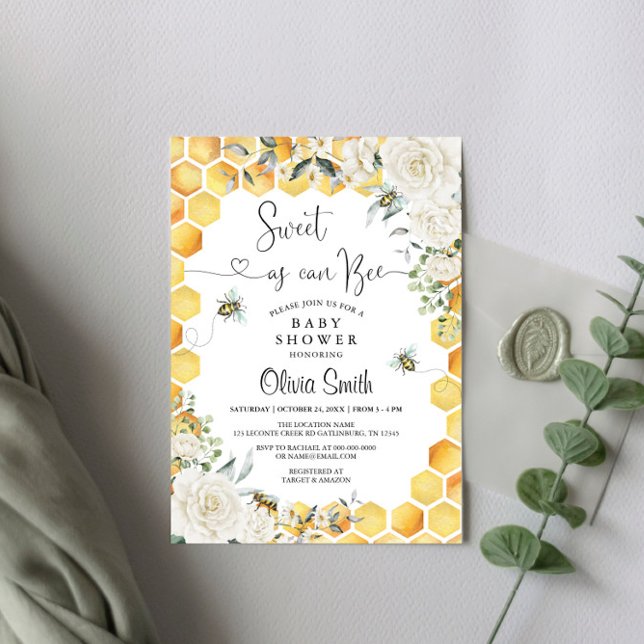 Sweet As Can Bee White Floral Baby Shower Invitation (Creator Uploaded)