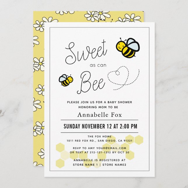 Sweet as can Bee White Yellow Baby Shower Invitation (Front/Back)