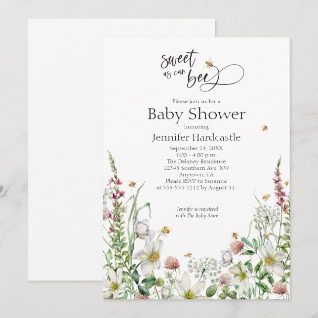 Sweet As Can Bee Wildflower Floral Baby Shower Invitation (Front/Back)