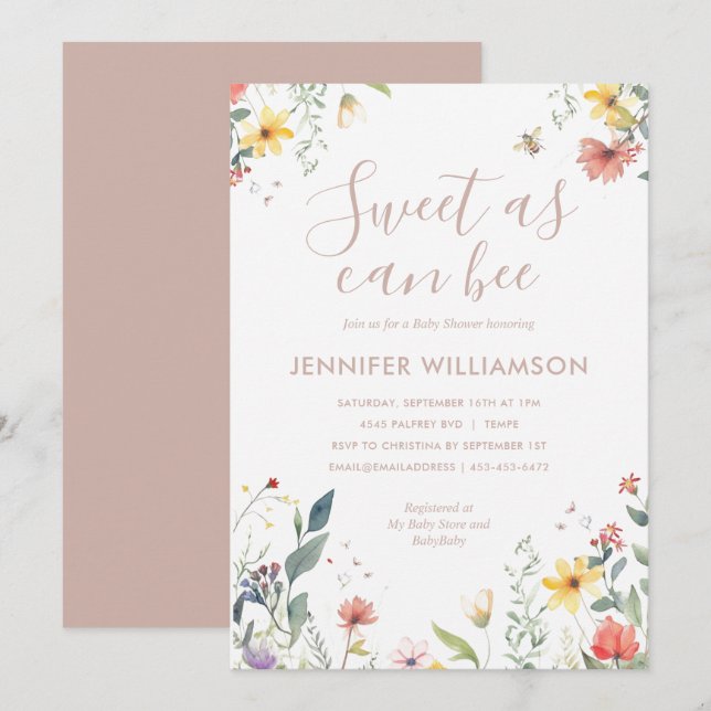 Sweet As Can Bee Wildflower Girl Baby Shower Invitation (Front/Back)