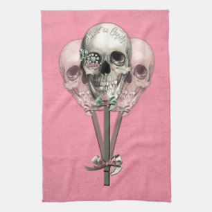 Sweet as Candy Lollipop skulls in pink. Tea Towel