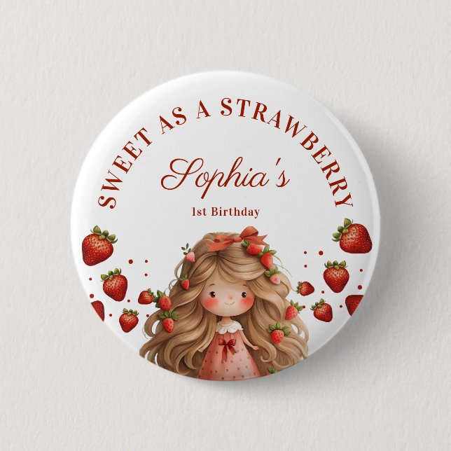 Sweet As Strawberry Girl Happy Birthday Party 6 Cm Round Badge (Front)
