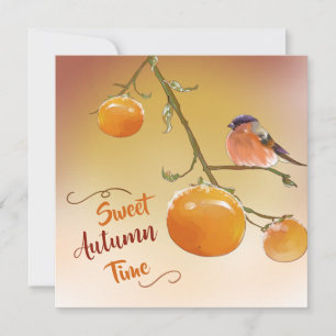 Sweet Autumn Cute Orange Persimmon Fruits & Bird  Card