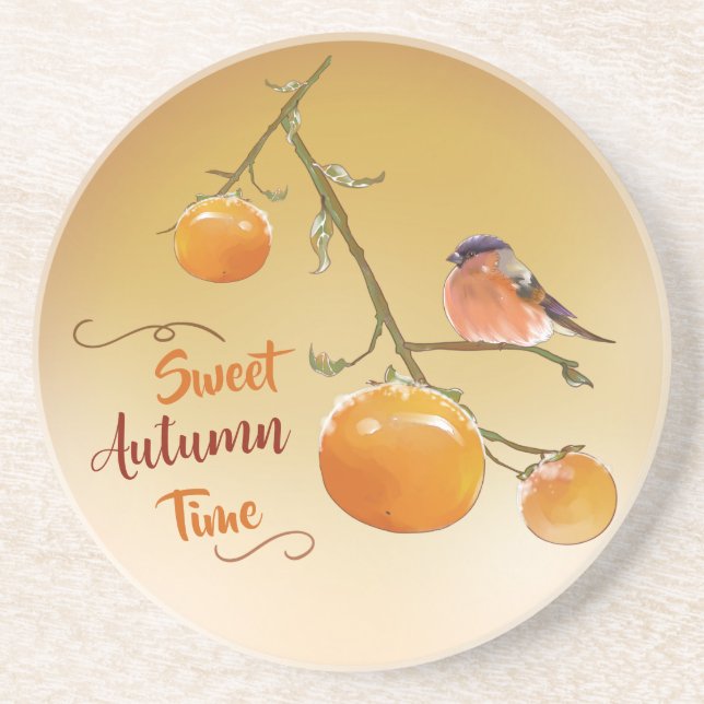 Sweet Autumn Orange Persimmon Fruits & Bird Coaster (Front)