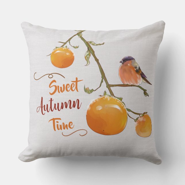 Sweet Autumn Orange Persimmon Fruits & Bird Cushion (Front)