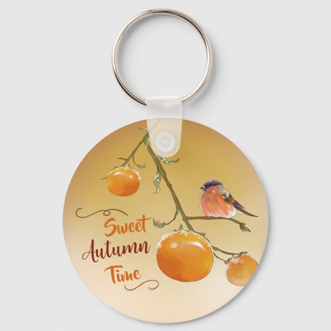 Sweet Autumn Orange Persimmon Fruits & Bird Key Ring (Front)