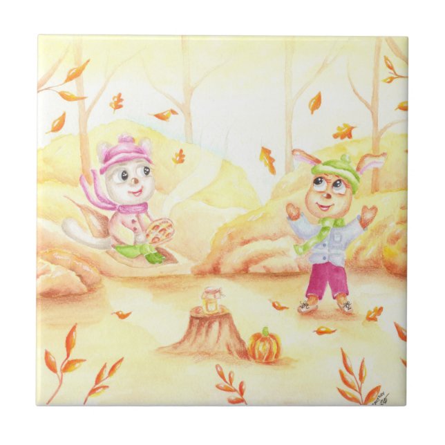 Sweet autumn walk in the forest ceramic tile (Front)