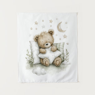 Sweet baby bear fast asleep on fluffy clouds tapestry