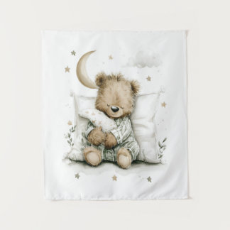 Sweet baby bear fast asleep on fluffy clouds tapestry