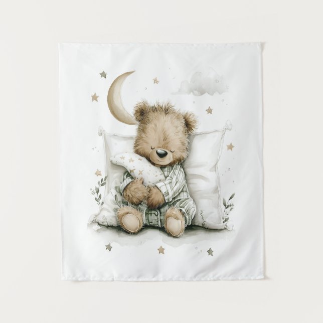 Sweet baby bear fast asleep on fluffy clouds tapestry (Front)