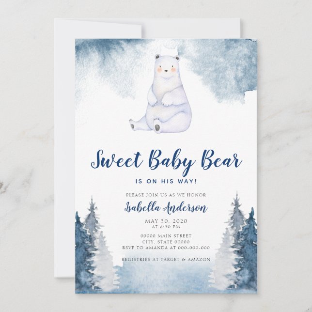  Sweet Baby Bear Winter Snow Blue Boy Baby Shower Invitation (Front)