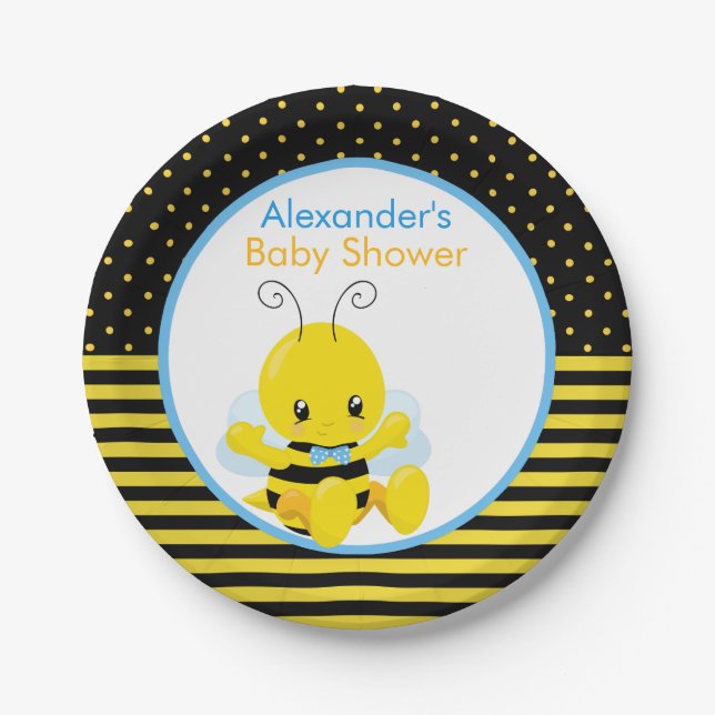 Sweet Baby Bee Boy Baby Shower Paper Plate (Front)