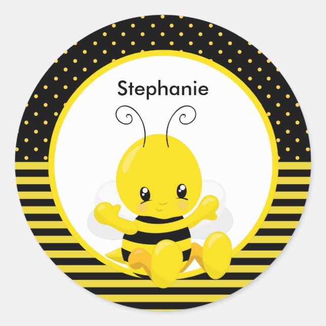 Sweet Baby Bee Custom Name Classic Round Sticker (Front)