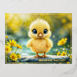 Sweet baby bird spring meadow yellow flowers foil holiday postcard