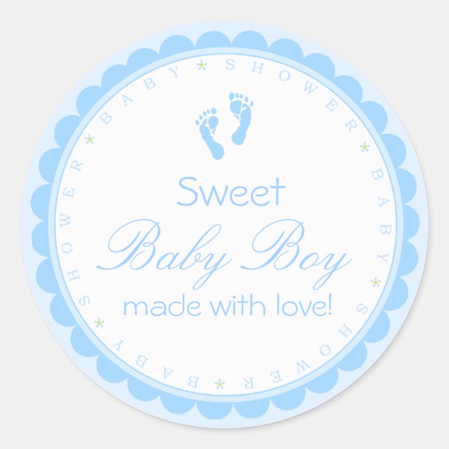 Sweet Baby Boy Blue Footprints Baby Shower Classic Round Sticker (Front)