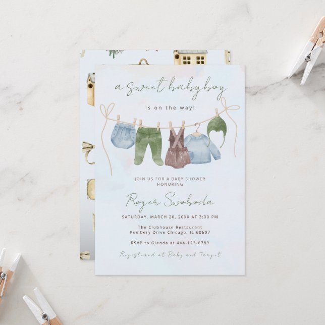 Sweet baby boy boho baby clothes shower invitation (Front/Back In Situ)