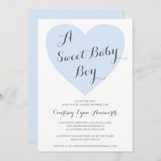 Sweet Baby Boy Cute Pastel Blue Heart Baby Shower Invitation (Front/Back)
