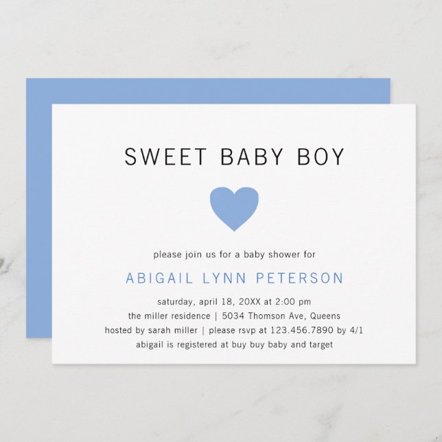 Sweet Baby Boy Cute Pastel Blue Heart Baby Shower Invitation (Front/Back)