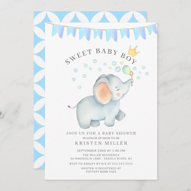 Sweet Baby Boy Elephant Baby Shower Invitation (Front/Back)
