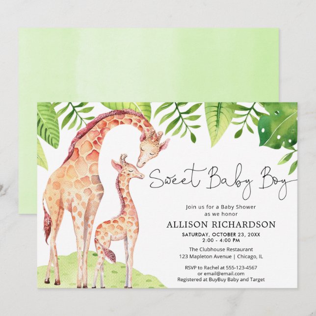 Sweet Baby Boy giraffe greenery safari baby shower Invitation (Front/Back)