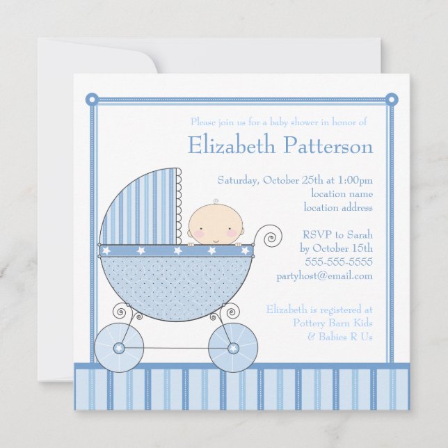 Sweet Baby Boy in Carriage Baby Shower in Blue Invitation (Front)