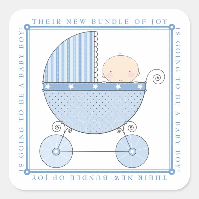 Sweet Baby Boy in Carriage Baby Shower in Blue Square Sticker (Front)