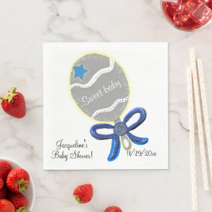 Sweet Baby Boy Rattle Blue Bow Baby Shower Napkin