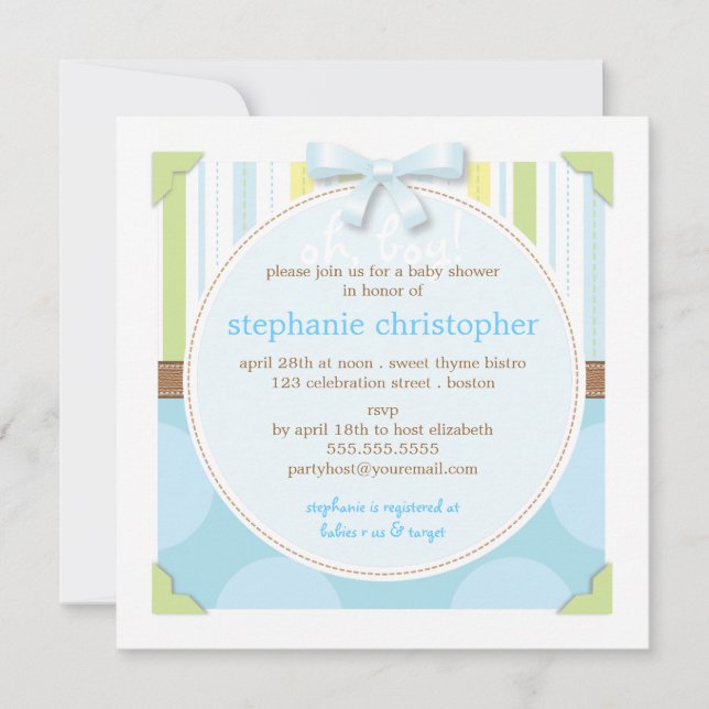 Sweet Baby Boy Stripes & Polka Dot Baby Shower Invitation (Front)
