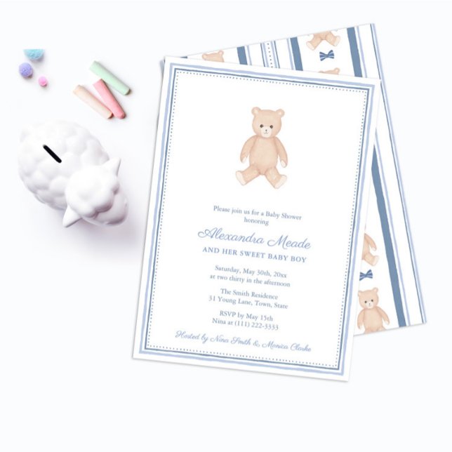 Sweet Baby Boy Teddy Bear Baby Shower Party Invitation (Nostalgic Baby Shower invitations for boy featuring a hand painted watercolor teddy bear)