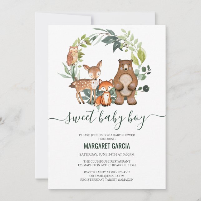 Sweet Baby Boy Woodland Animals Baby Shower Invitation (Front)