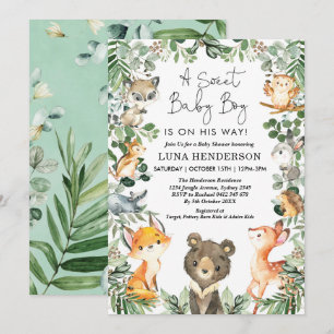 Sweet Baby Boy Woodland Forest Animals Baby Shower Invitation