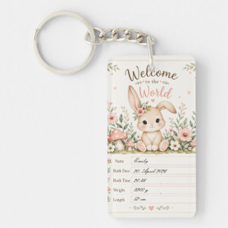 Sweet Baby Bunny Design with Birth Details Fields Key Ring