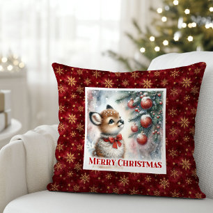 Sweet baby deer snowy forest festive scene kids  cushion