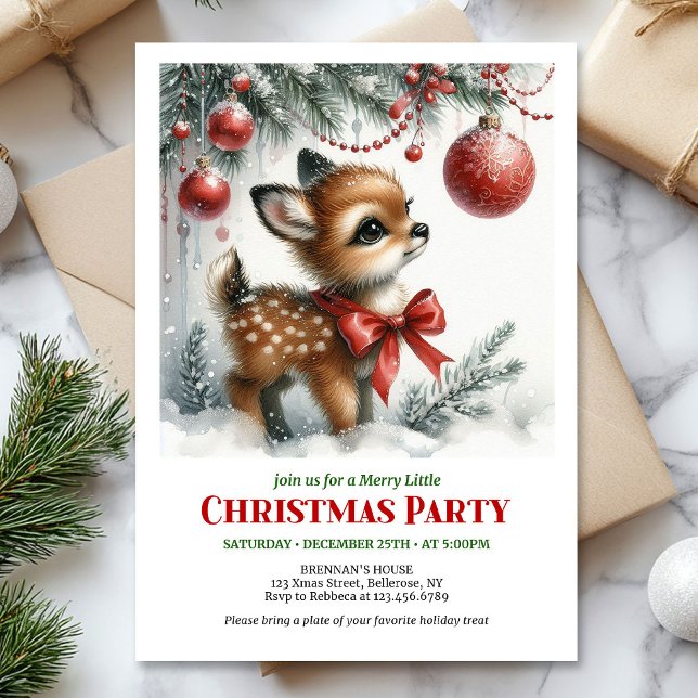 Sweet baby deer watercolor Christmas invitation   (Sweet baby deer watercolor Christmas invitation printable template)